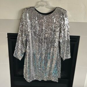 VTG 1960 I. Magnin Sequin Dress Sheath L 100% Silk Long Sleeve Flapper Gatsby